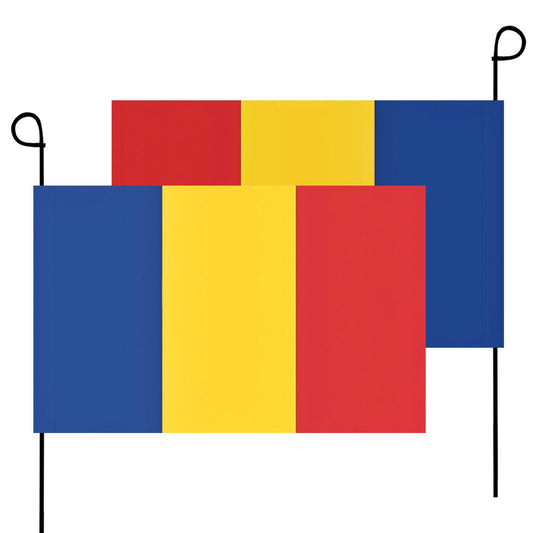 Luv My Flag Romania garden flags, blue, yellow, red.