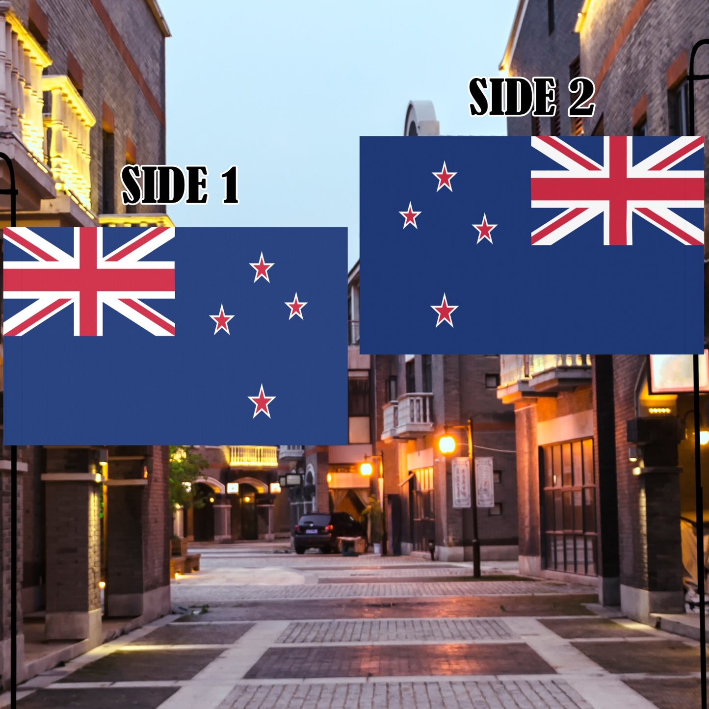 Luv My Flag: Two-sided New Zealand flags displayed outdoors.