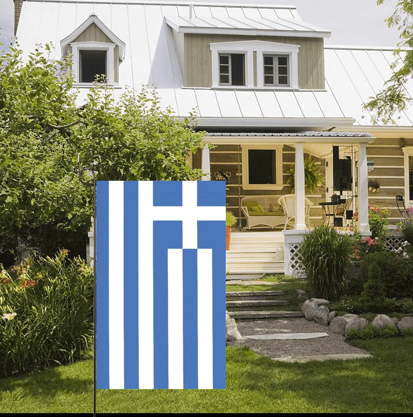 Front yard with Greek flag by Luv My Flag.