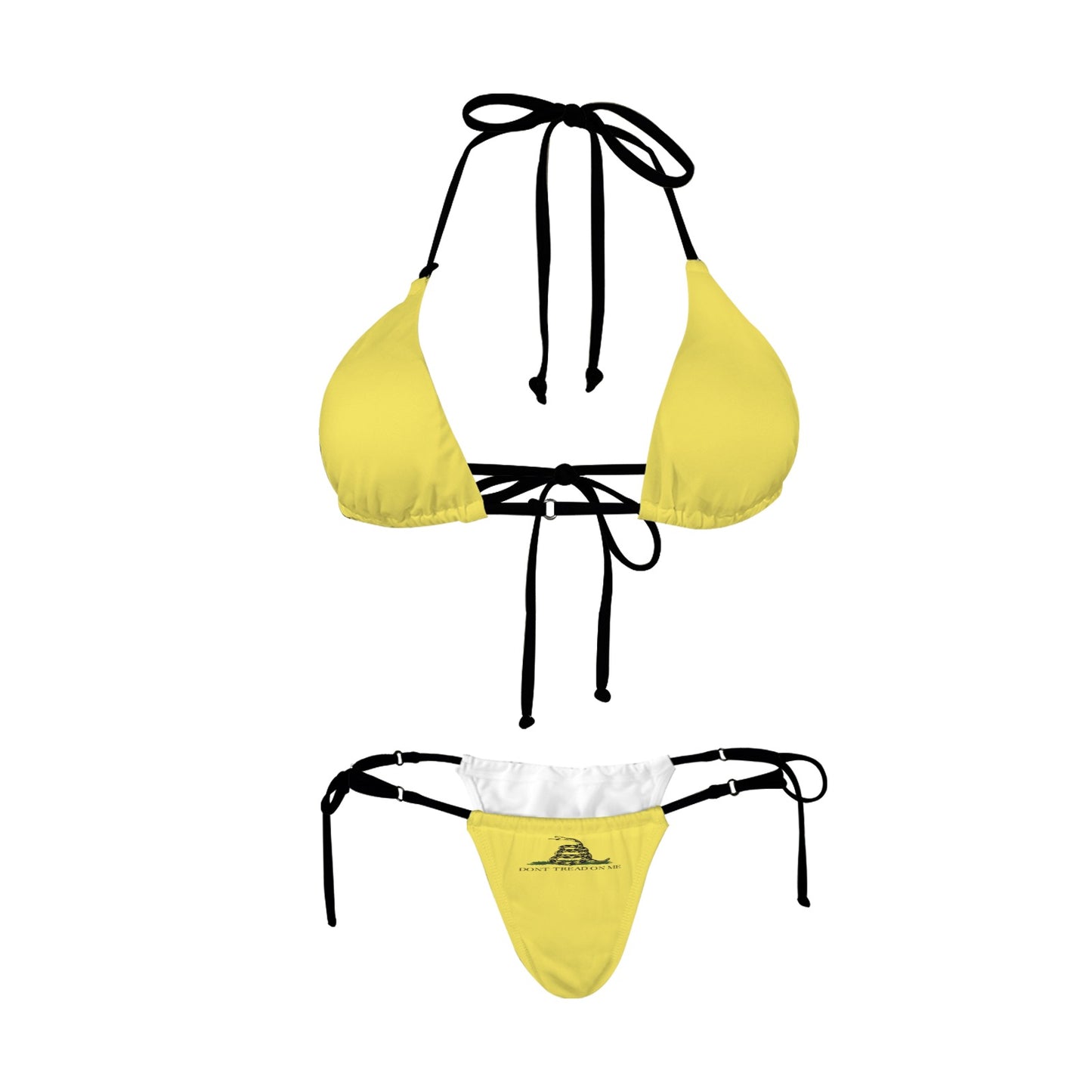 Yellow bikini with black straps, featuring Luv My Flag.
