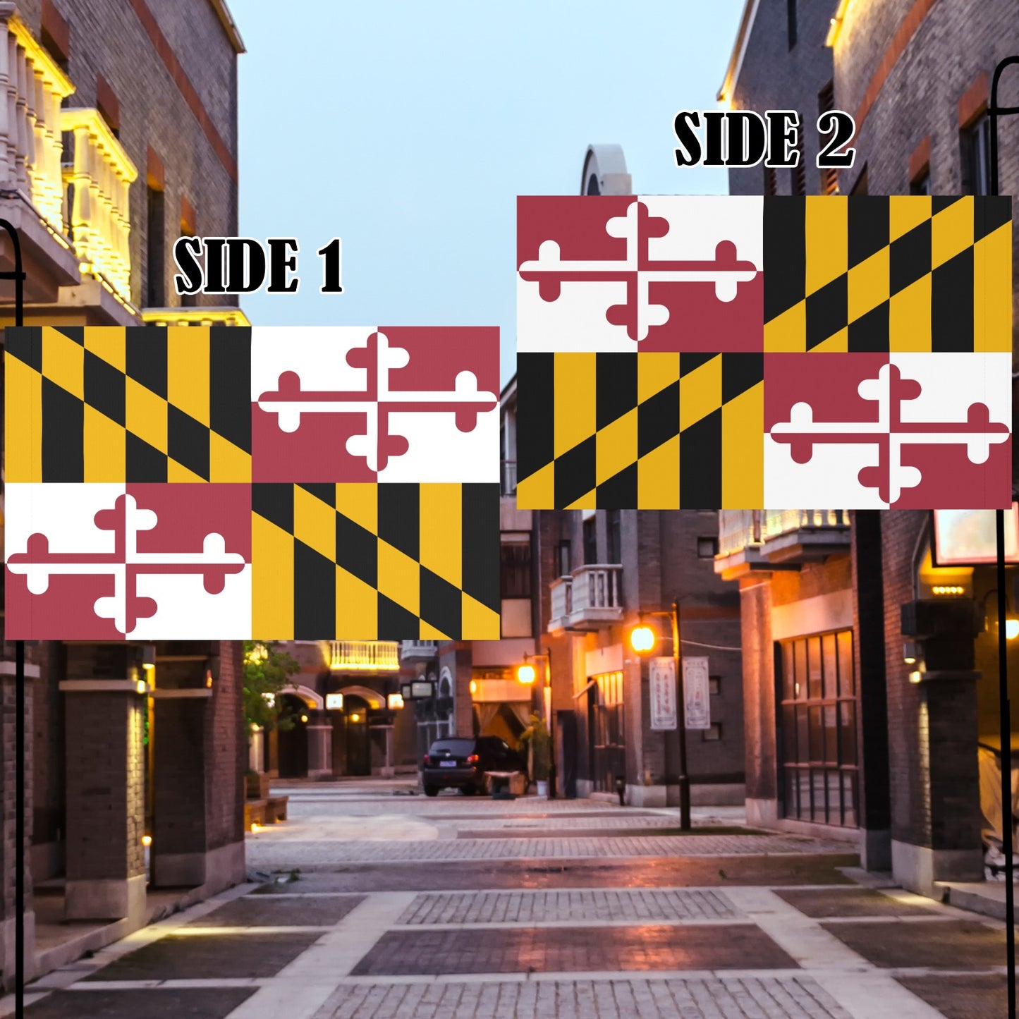 Luv My Flag displays Maryland flag on brick-lined street.