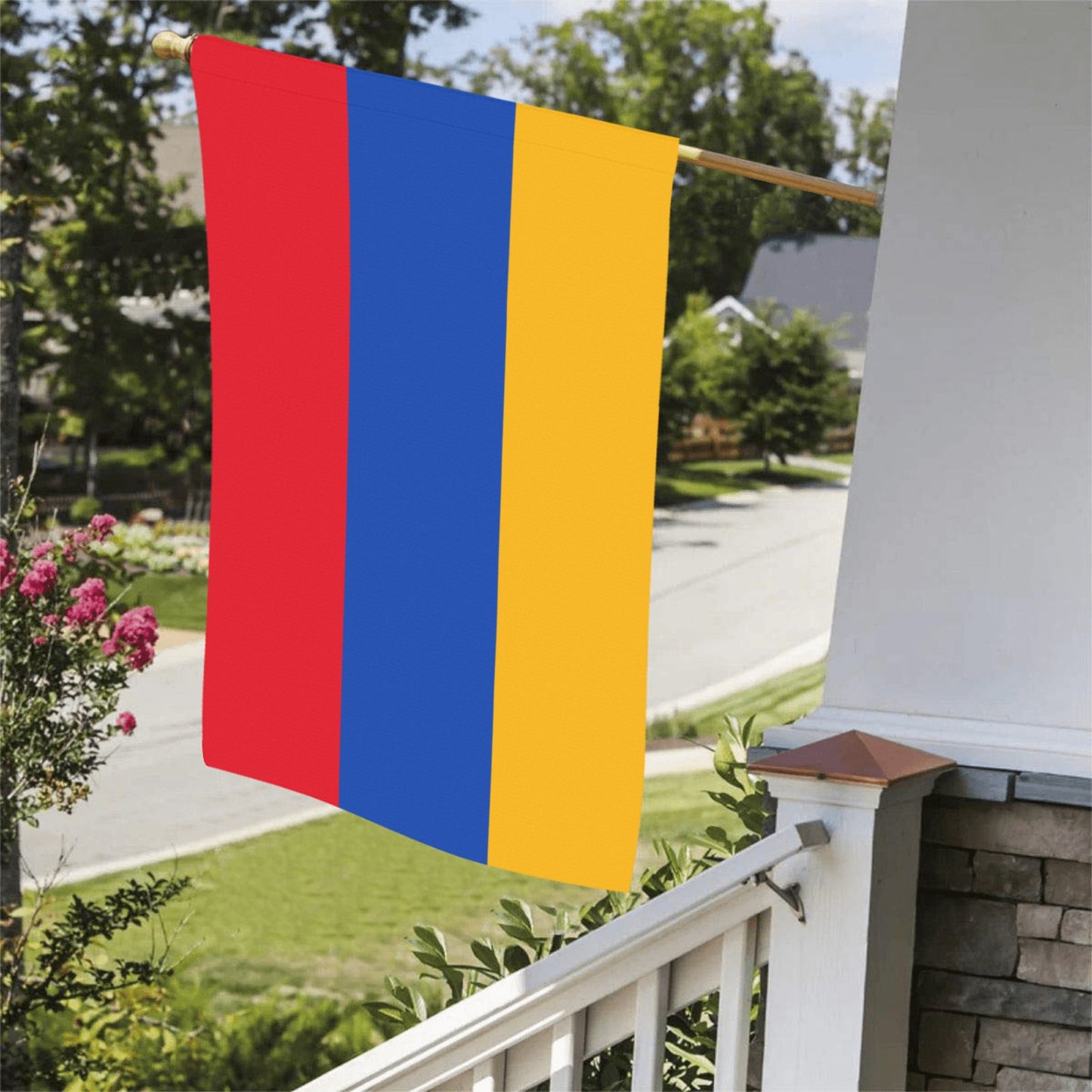 Luv My Flag: Red, blue, yellow striped flag outdoors.