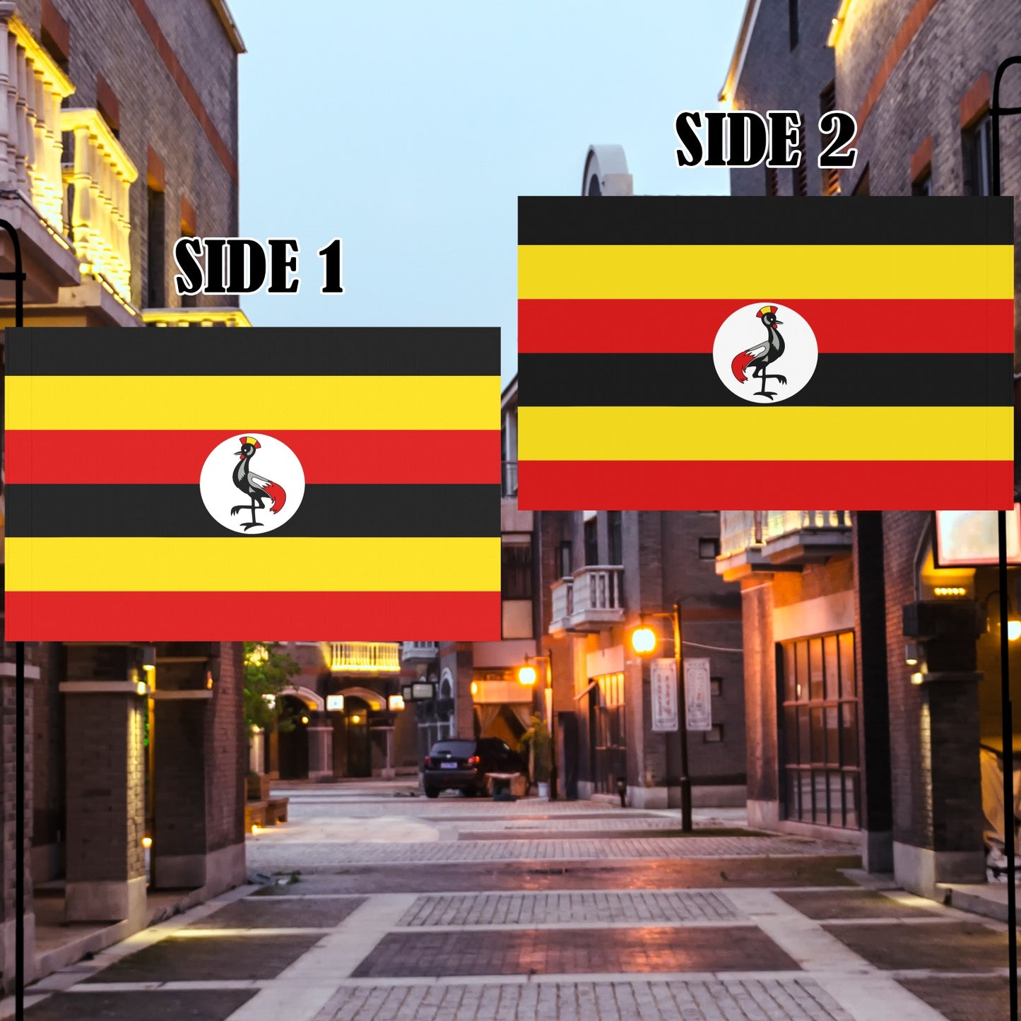 Luv My Flag brand flags displayed in a charming street.