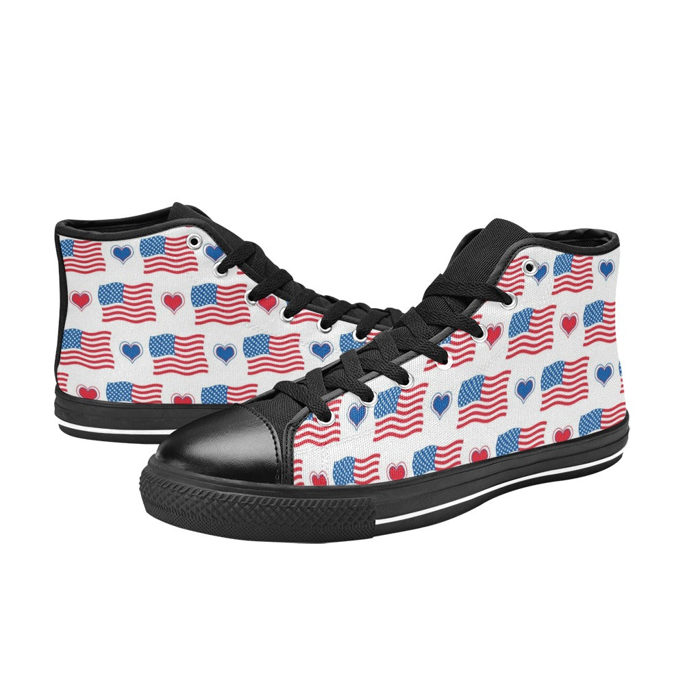USA/American Flag with Hearts Pattern Mens High Top Canvas Shoes