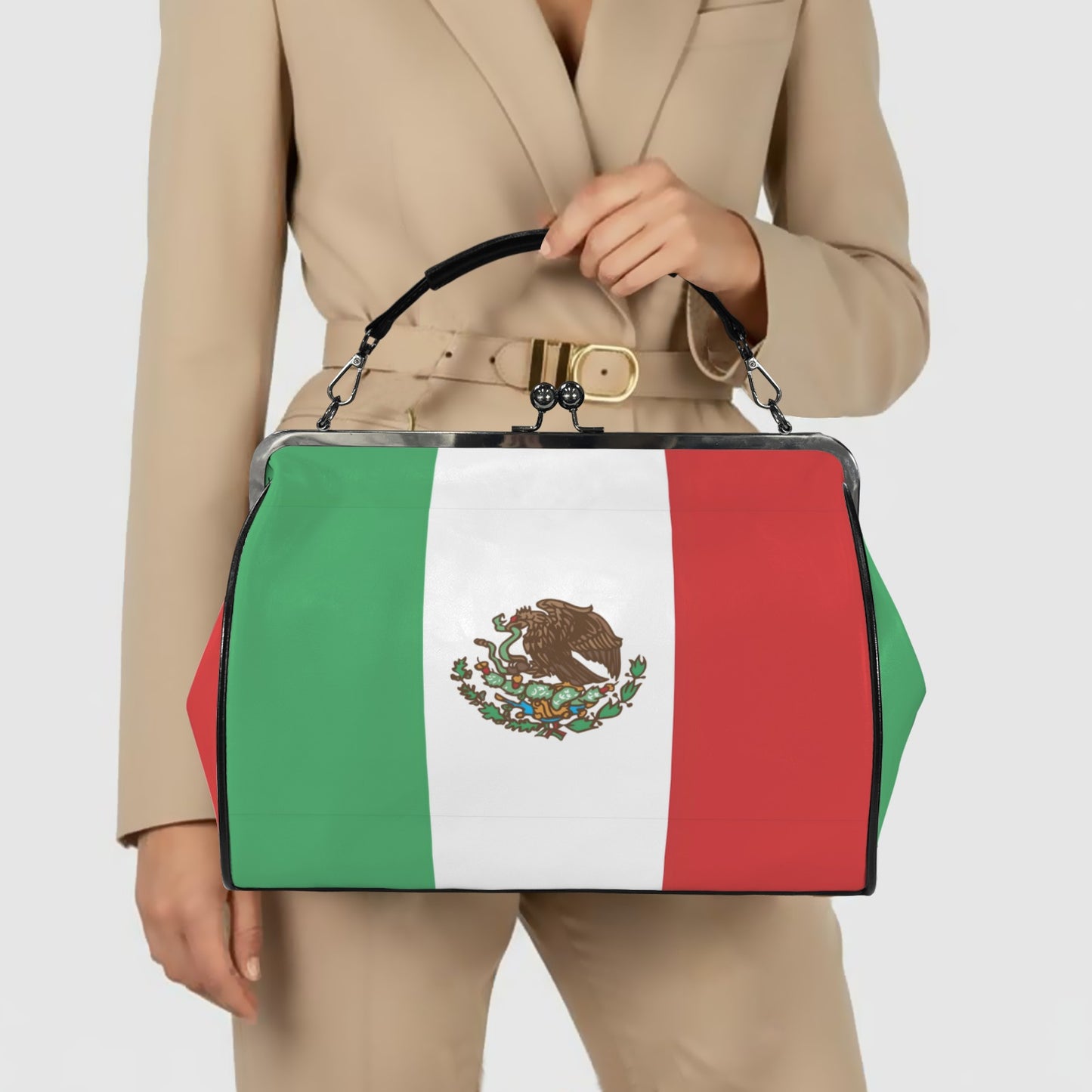 Mexico Flag Inspired Kisslock Crossbody Shoulder Bag-Large