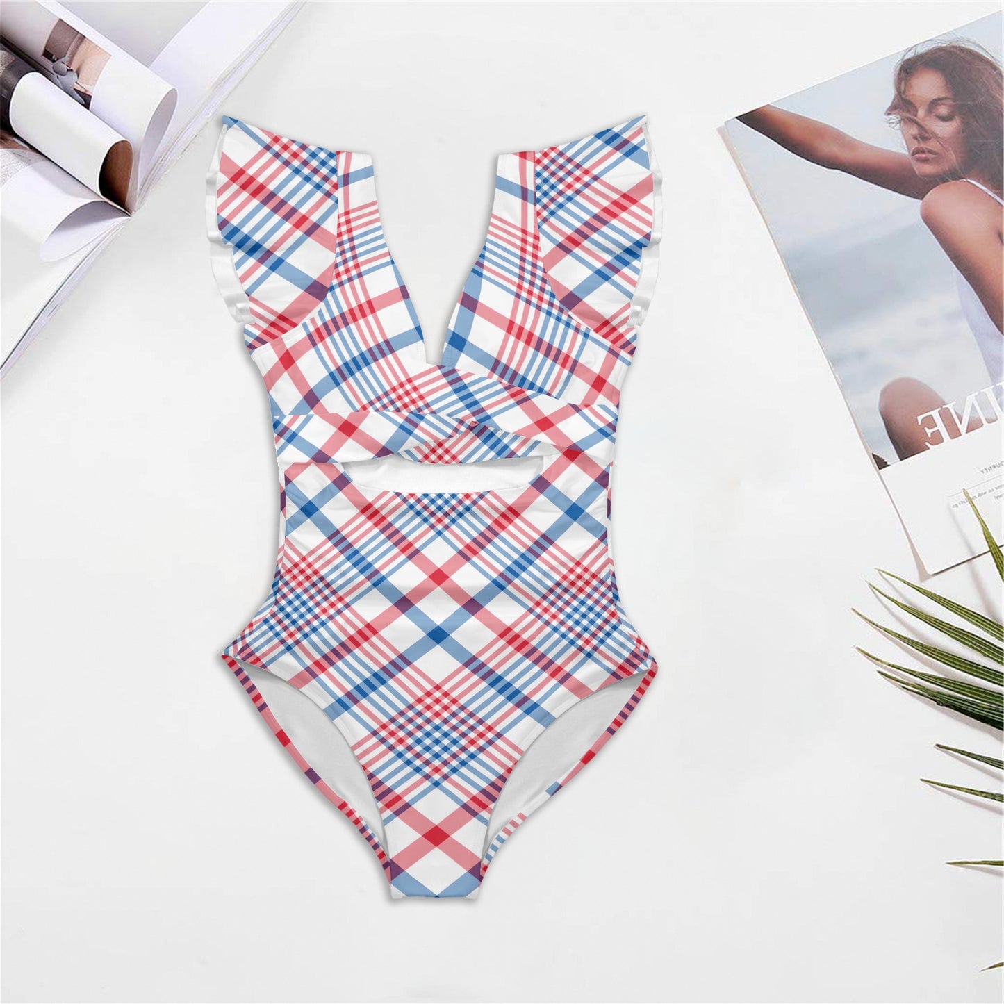 USA/American Flag Inspired Plaid Pattern Women's Twist Front Ruffle Sleeve Swimsuit