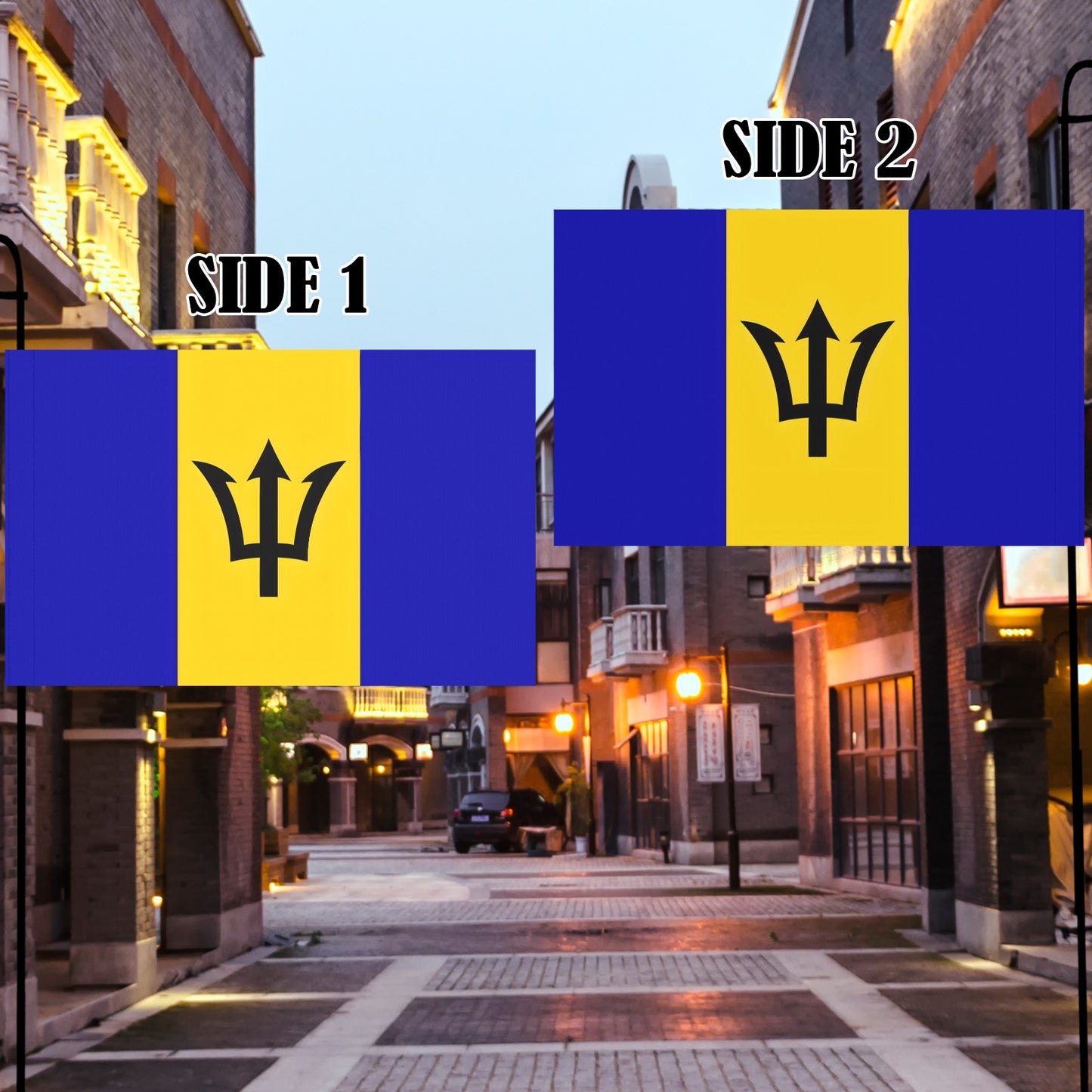 Luv My Flag's dual-sided Barbados flag in street setting.