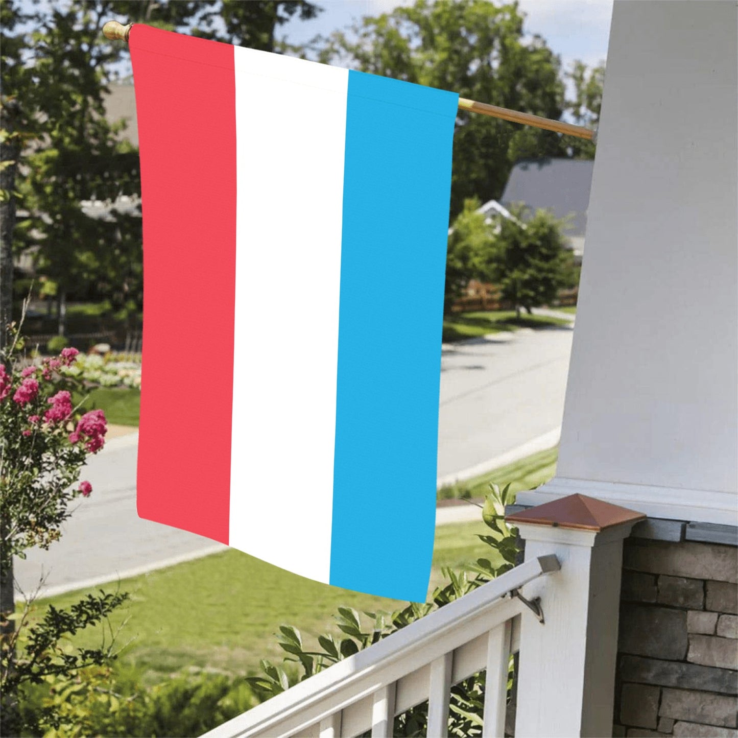 Luv My Flag red, white, blue flag on porch.