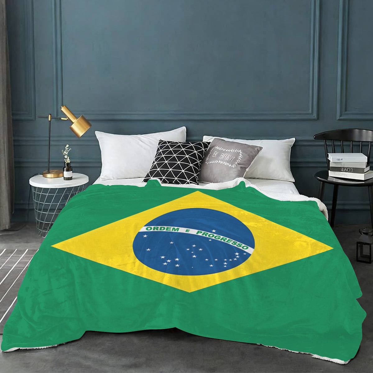 Brazil Flag Inspired Sherpa Fleece Blanket 90" x 108" | Prtinted in the USA