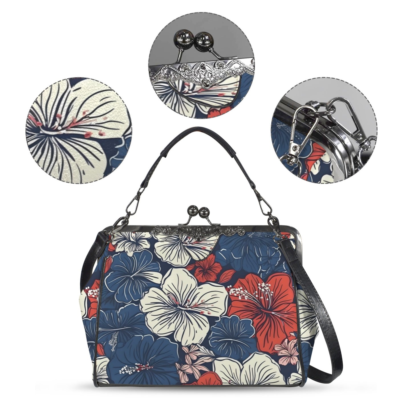 USA/American Flag Inspired Hawaiian Floral Pattern Kisslock Crossbody Shoulder Bag