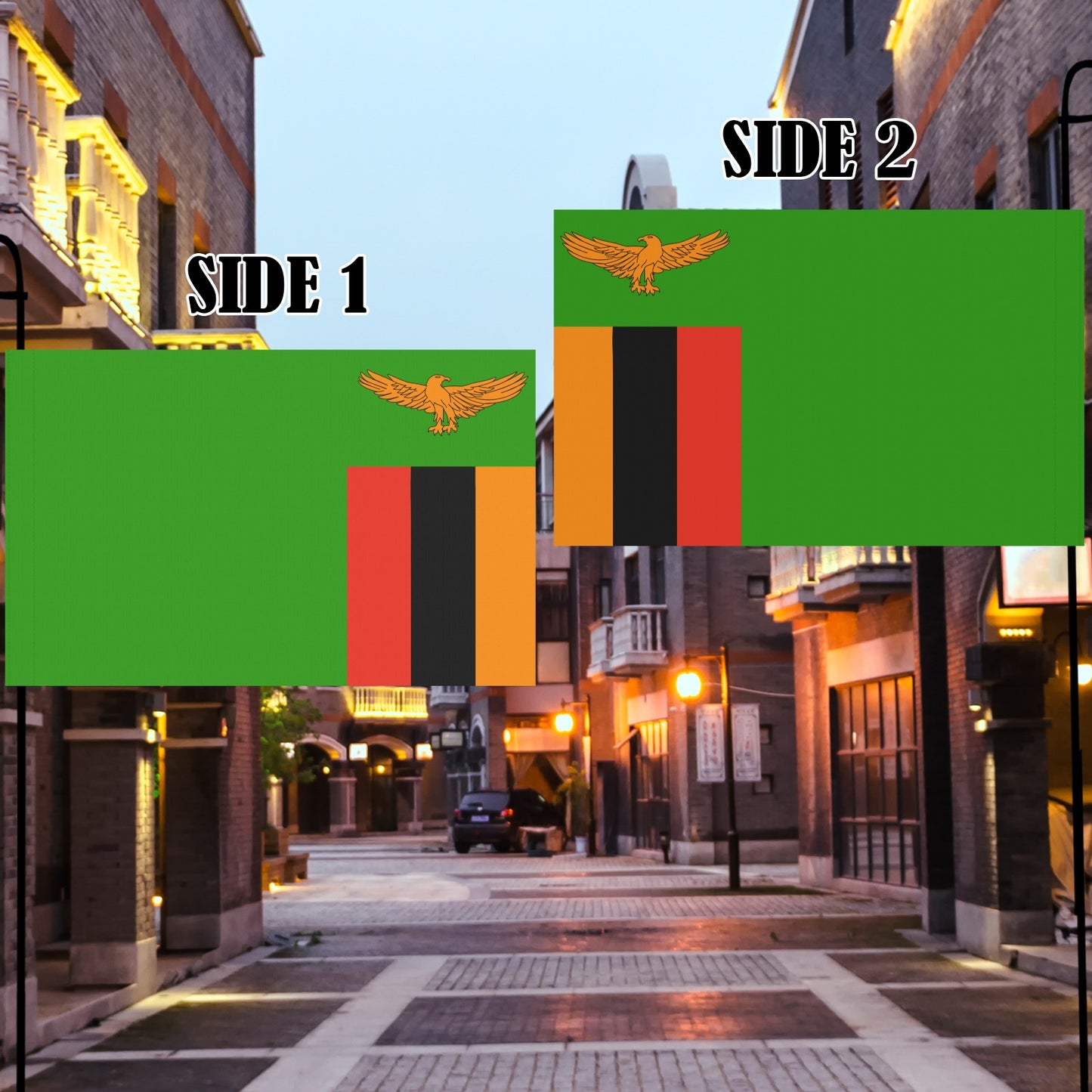 Luv My Flag: Dual-sided Zambian flag on street.