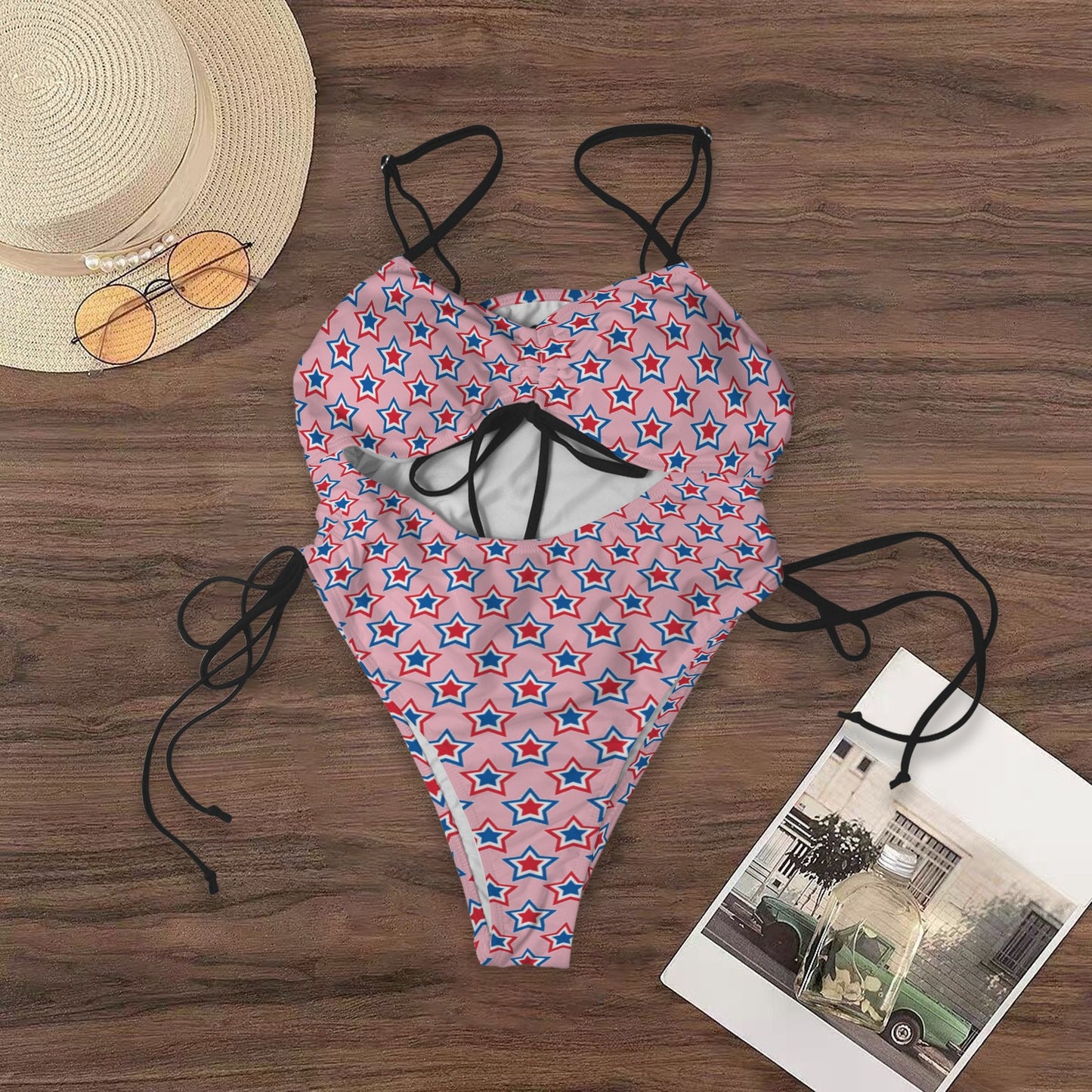 USA:American Flag Inspired Red, White & Blue Stars Pink Women's Drawstring Cutout One Piece Swimsuit