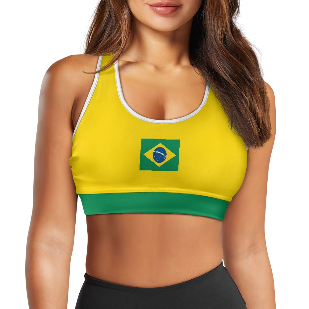 Brazil Flag Inspired Women’s Sports Bra with Back Pocket – Black or White Trim - Luv My Flag