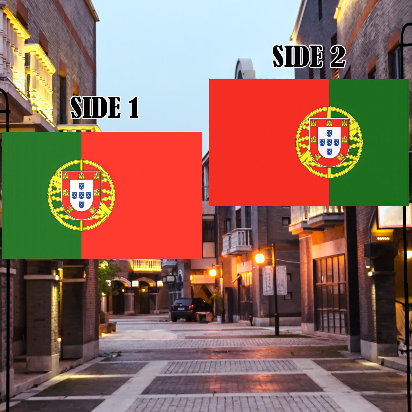 Luv My Flag Portugal flags displayed in charming city street.