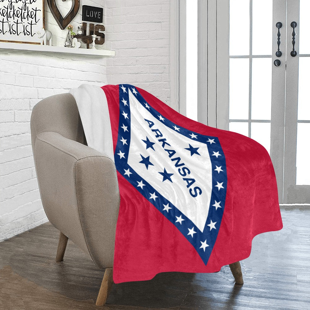 Cozy Arkansas flag blanket by Luv My Flag on chair.