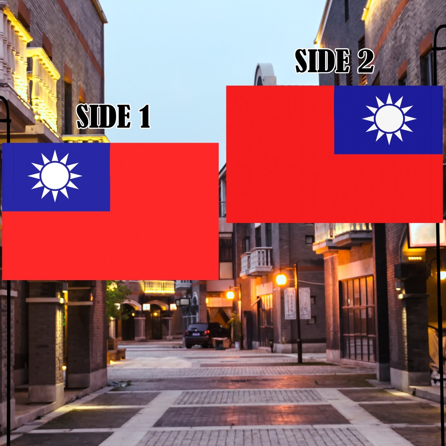 Luv My Flag design featuring two Taiwanese flags displayed outdoors.