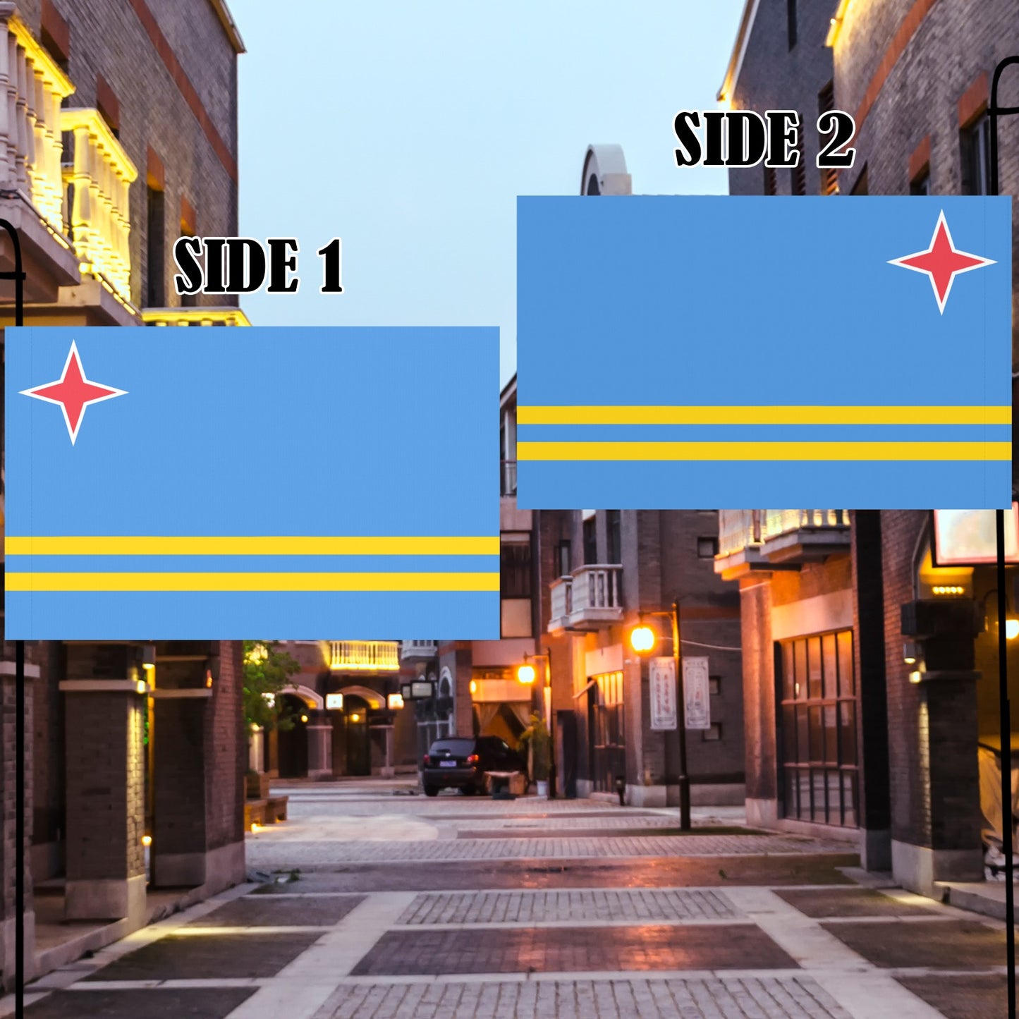 Street view showcasing Luv My Flag's double-sided flag display.