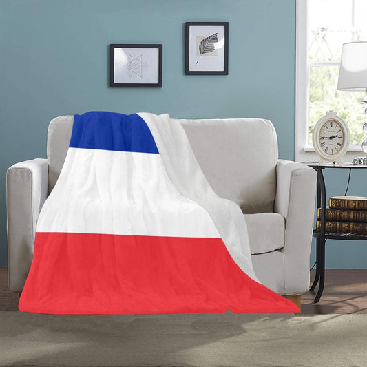 Cozy Luv My Flag blanket with blue, white, red stripes.