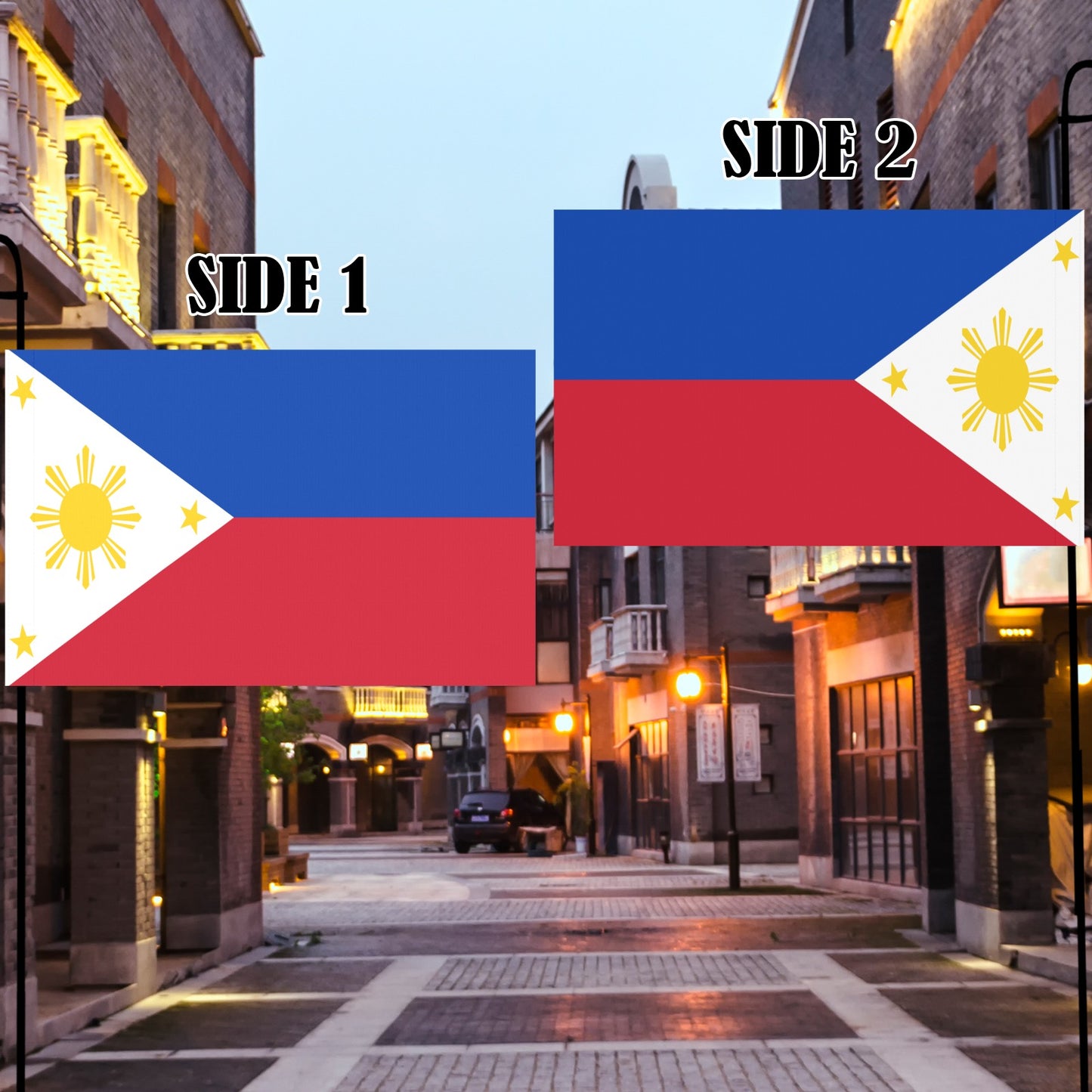 Two Philippine flags by Luv My Flag on street.