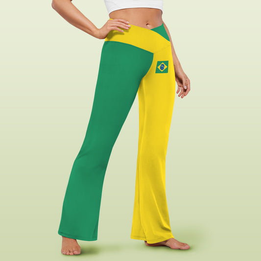 Brazil Flag Inspired Women's V-Crossover High Waisted Flare Leggings