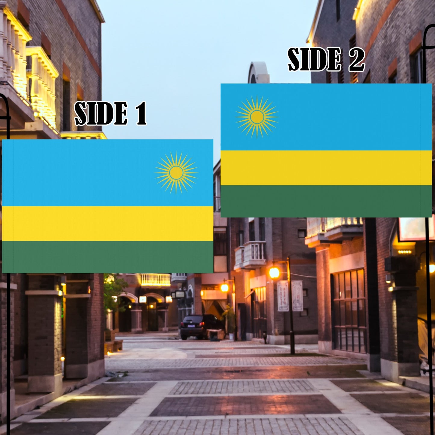 Street flags display, both sides of Rwanda flag, evening.