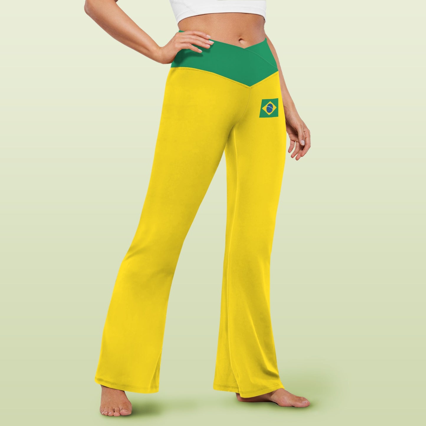 Brazil Flag Inspired Women's V-Crossover High Waisted Flare Leggings
