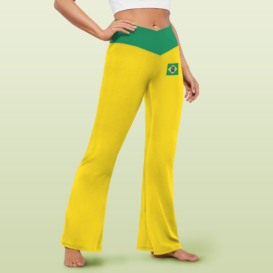Brazil Flag Inspired Women's V-Crossover High Waisted Flare Leggings
