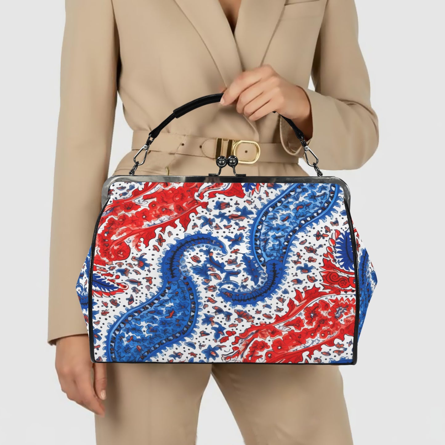 USA/American Flag Inspired Red White & Blue Floral Paisley Kisslock Crossbody Shoulder Bag-Large