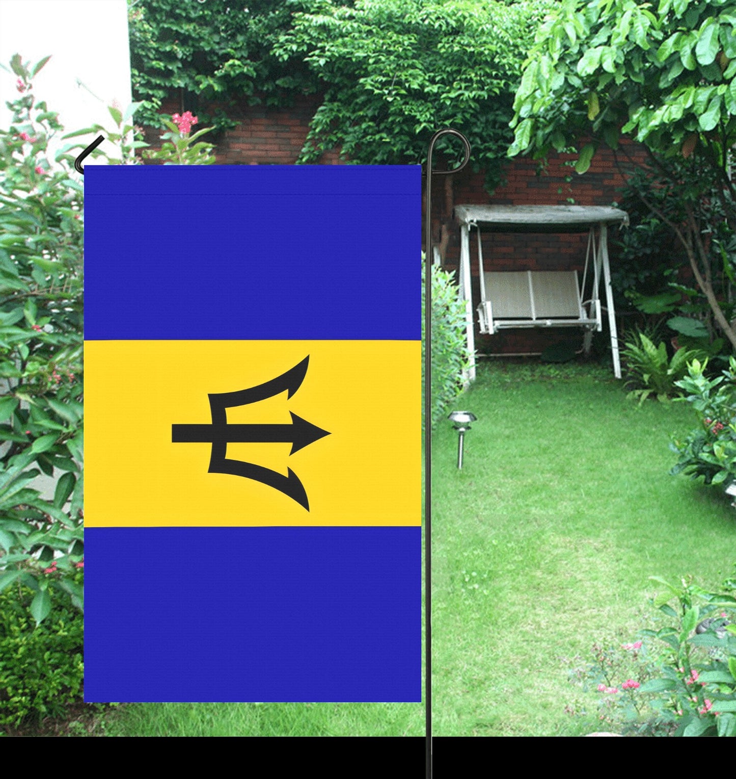 Blue and yellow Luv My Flag garden flag displayed.