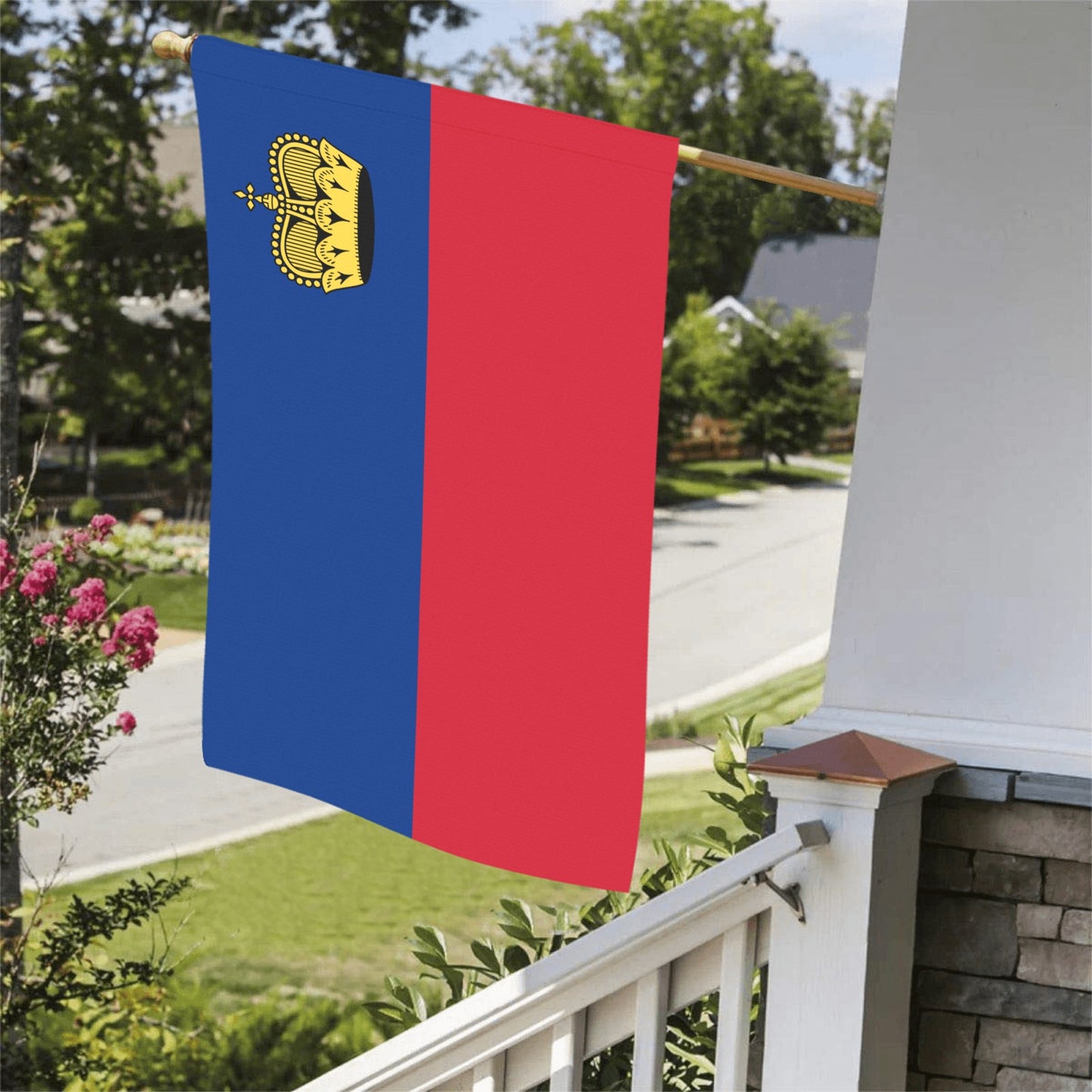 Liechtenstein flag by Luv My Flag displayed on porch.