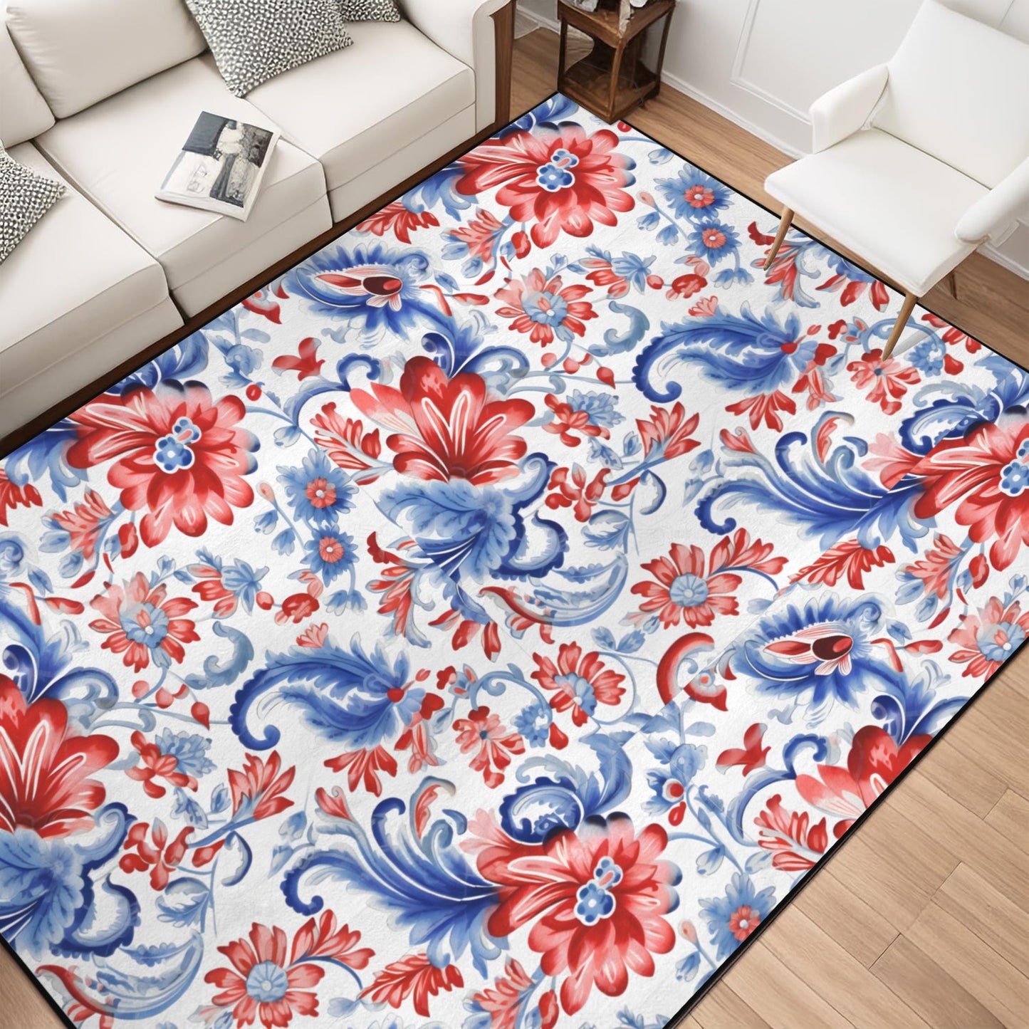 USA/American Flag Inspired Floral/Paisley Pattern 84x60 Inch Area Rug with Black Binding (Made in the USA)