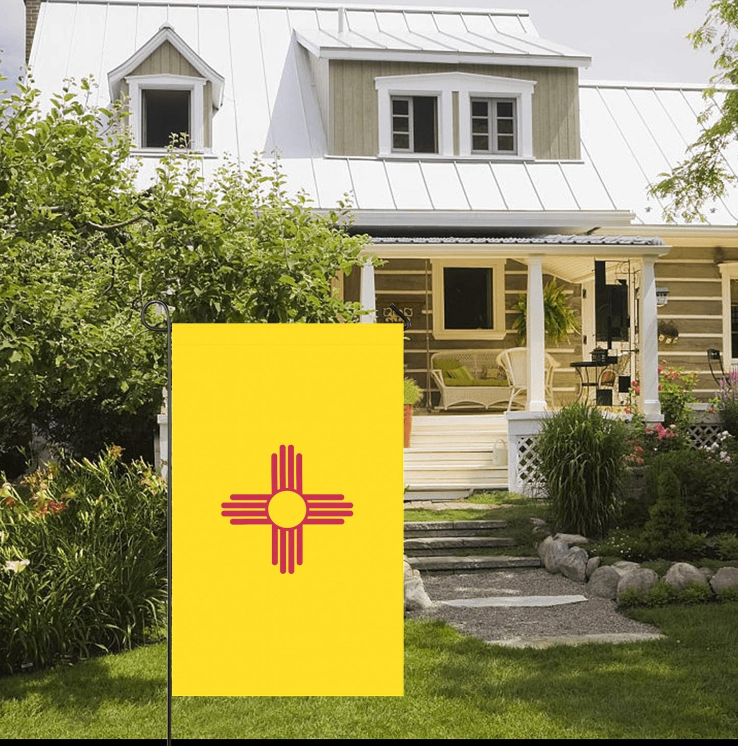 Front yard with Luv My Flag, rustic house background.