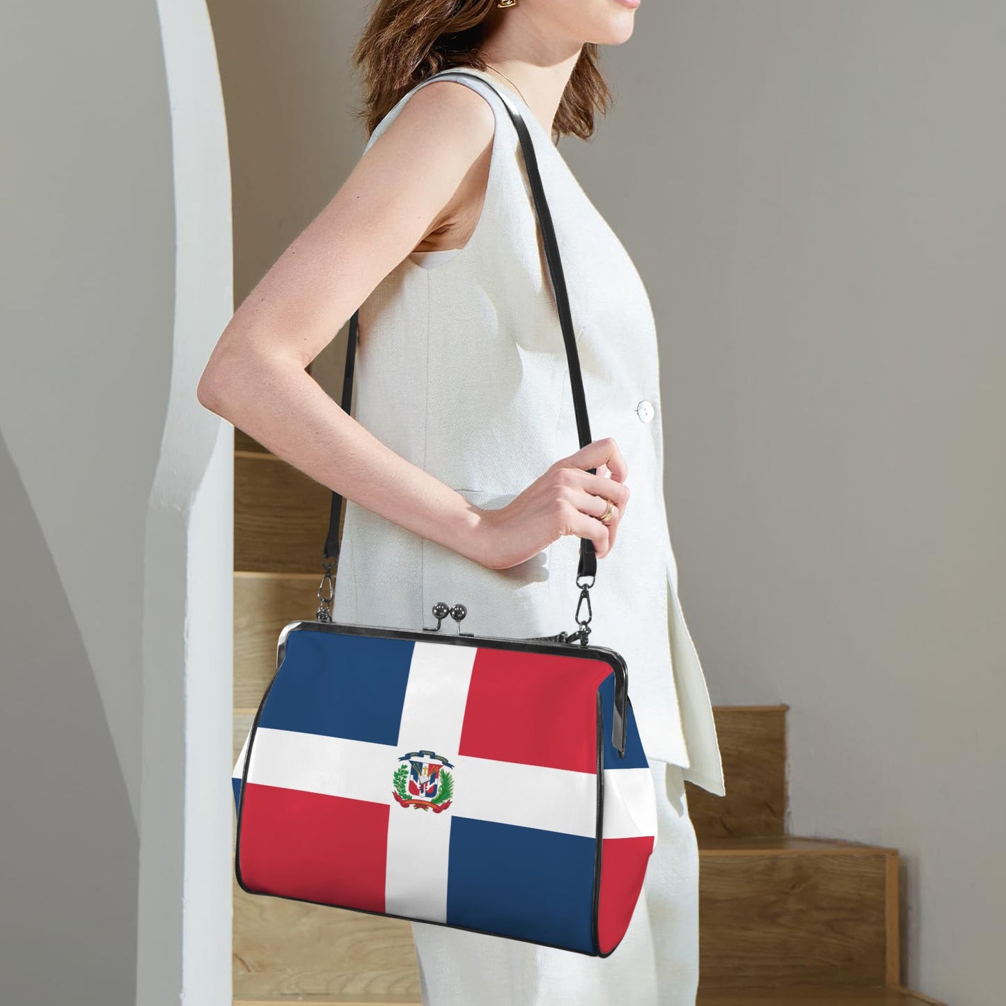 Dominican Republic Flag Inspired Kisslock Crossbody Shoulder Bag-Large