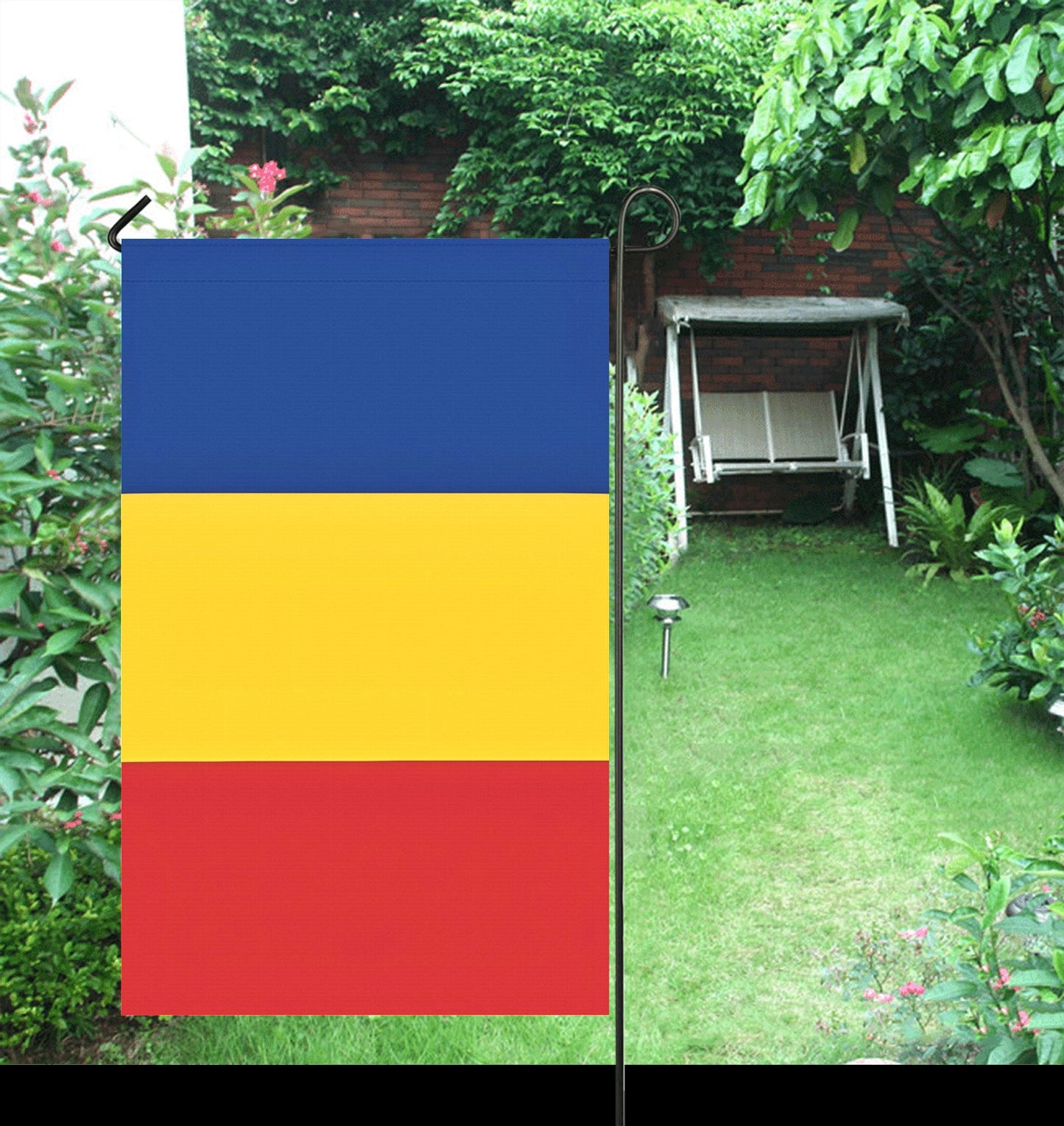 Luv My Flag garden flag with blue, yellow, red stripes.