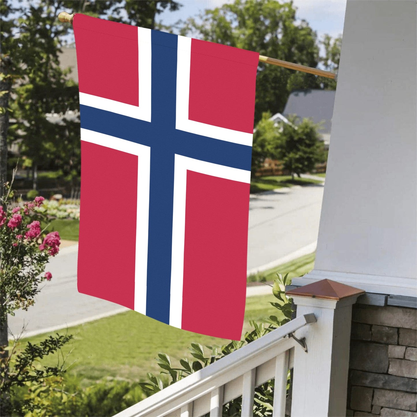 Luv My Flag Norwegian flag displayed on a porch.