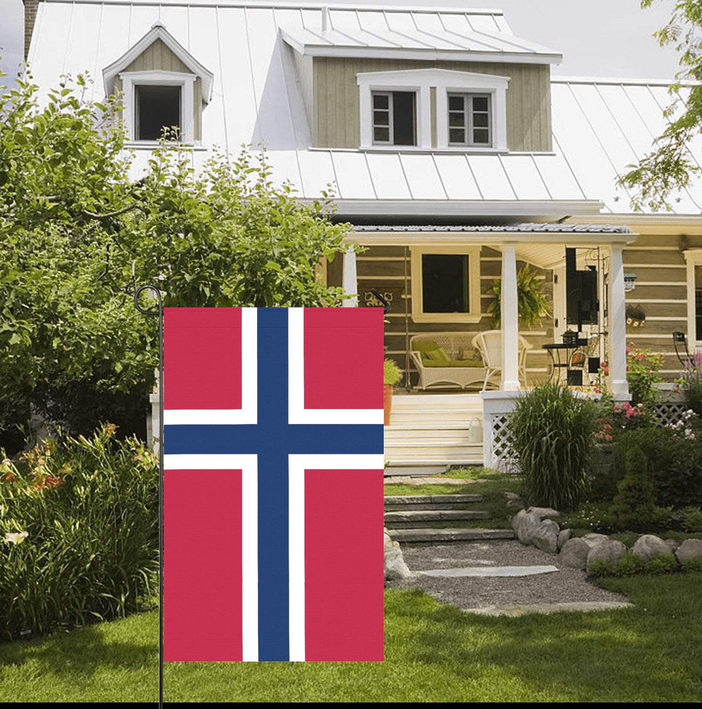 House with Norwegian flag, garden setting. Luv My Flag.