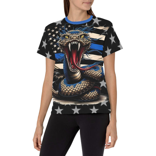 Thin Blue Line Flag Inspired Snake Women's All Over Print Crew Neck T-Shirt(T40-2)(Made in Queens)