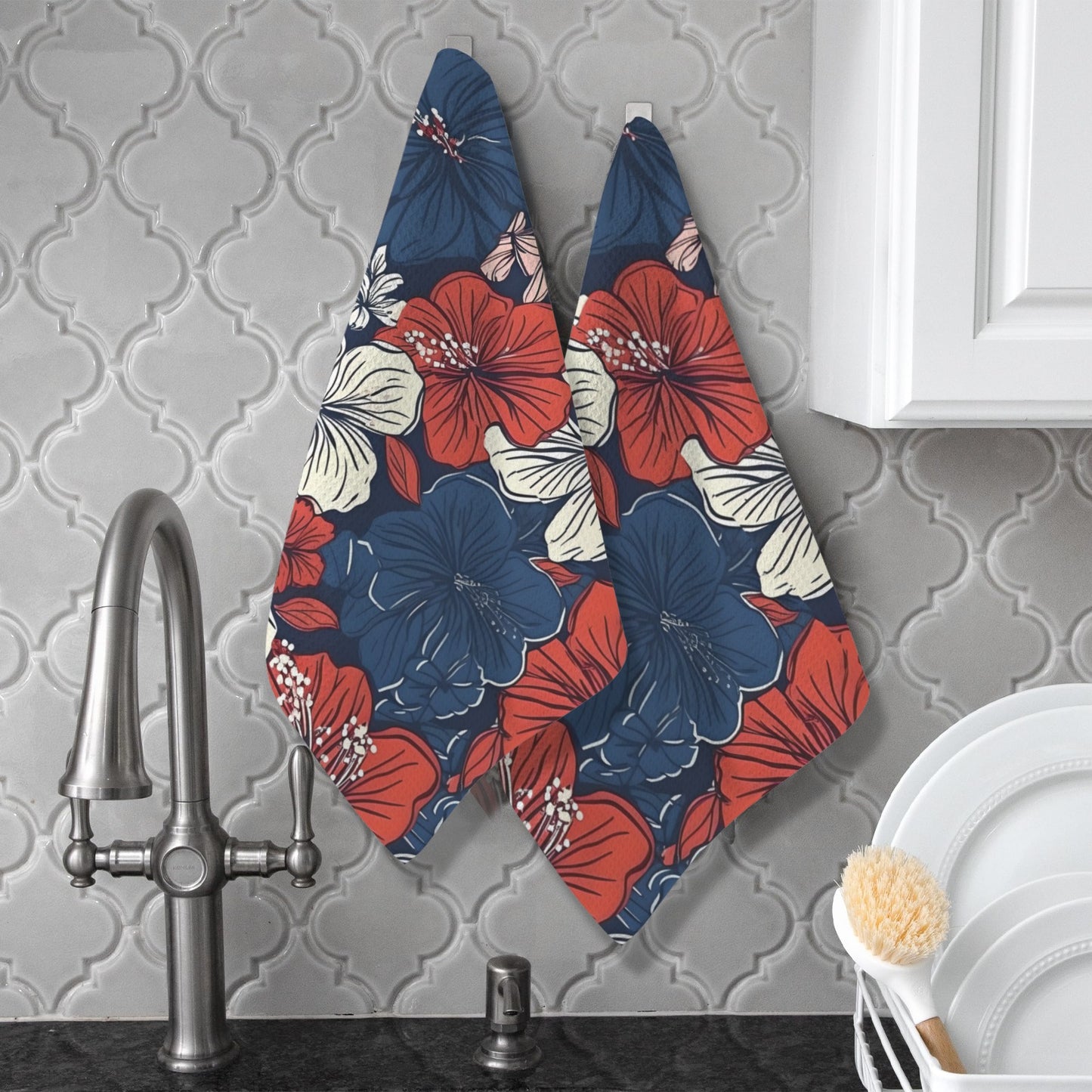 USA/American Flag Inspired Hawaiian Floral Pattern Kitchen Towel 40X60cm (Pack of 2) (Made in the USA)