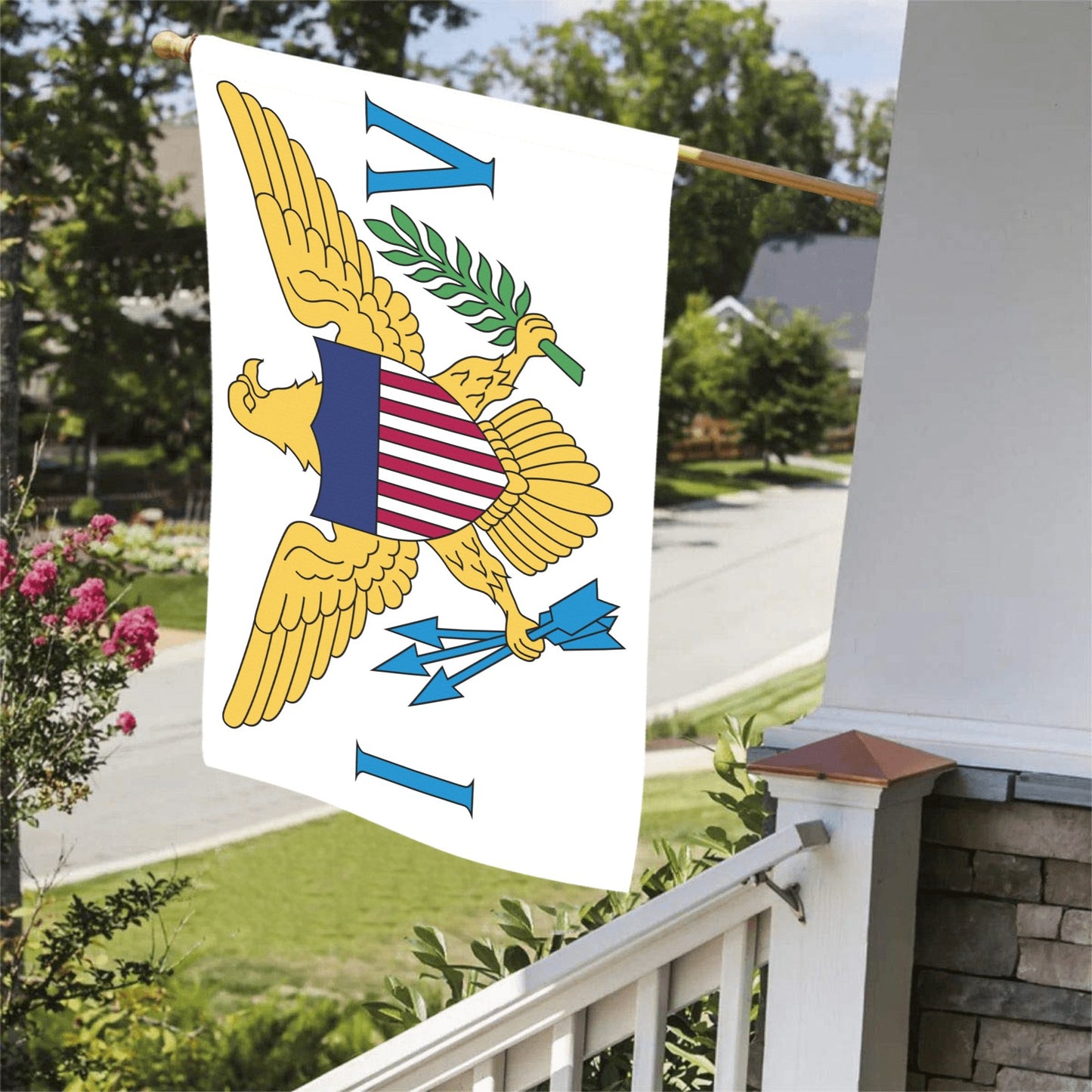 Luv My Flag displays vibrant flag on porch railing.