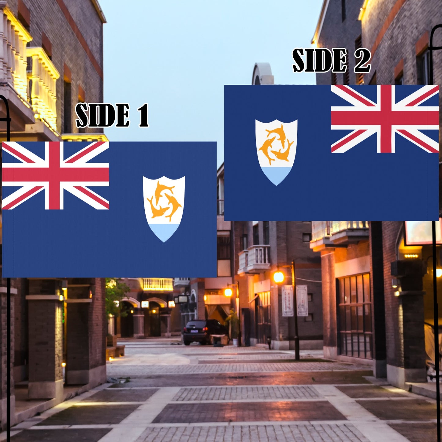Luv My Flag design displayed on both sides, city street.
