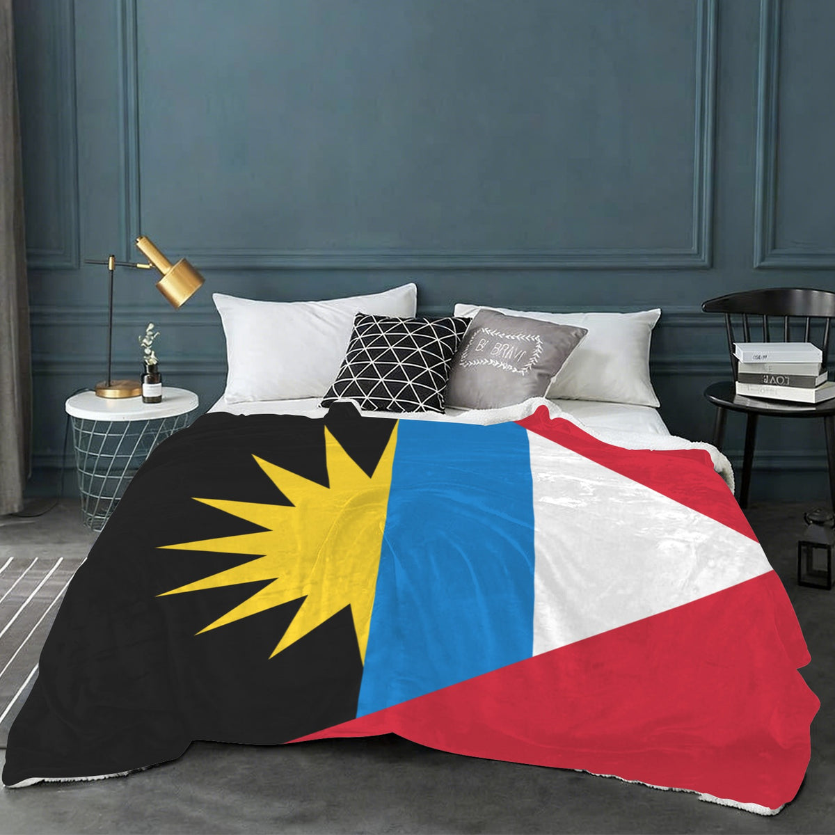 Antigua and Barbuda Flag Inspired Sherpa Fleece Blanket 90" x 108" | Ships from USA
