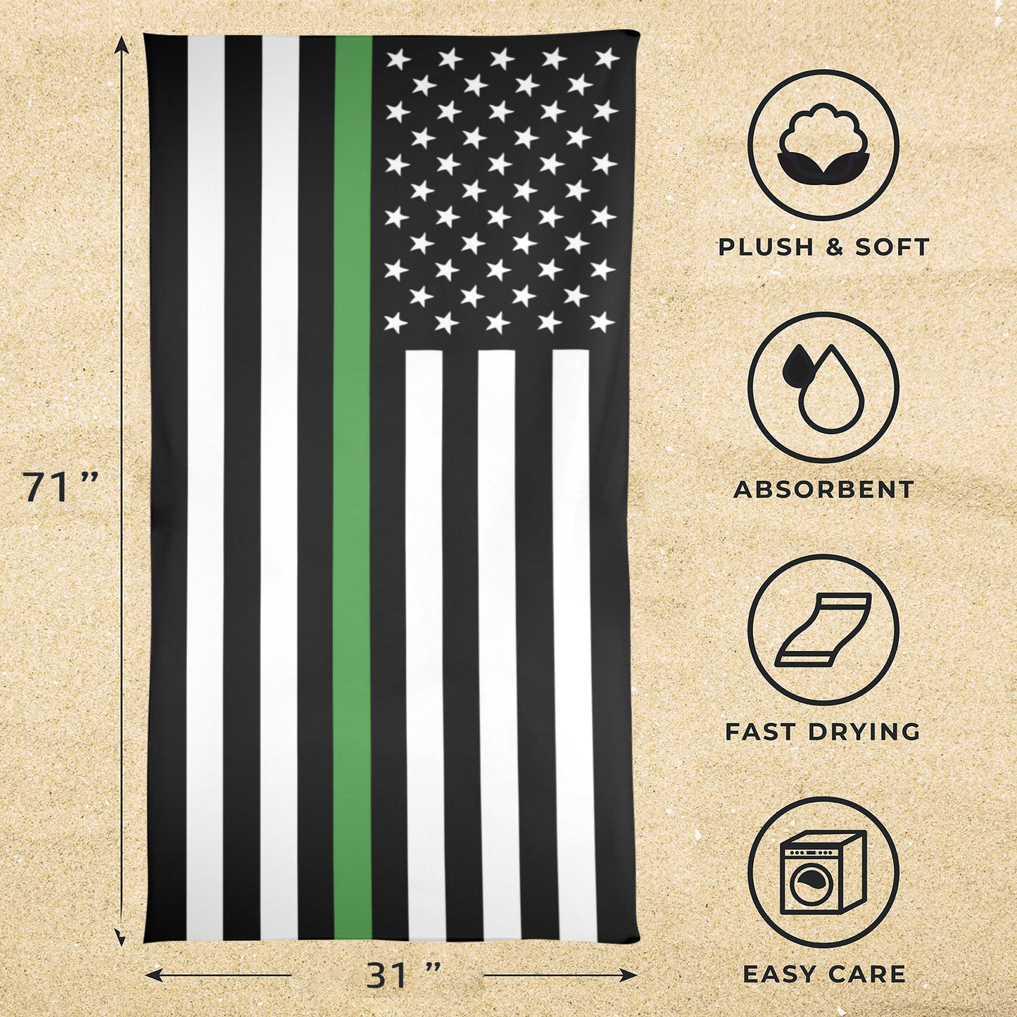 Thin Green Line Flag Beach Towel 31"x71" (Made in USA)