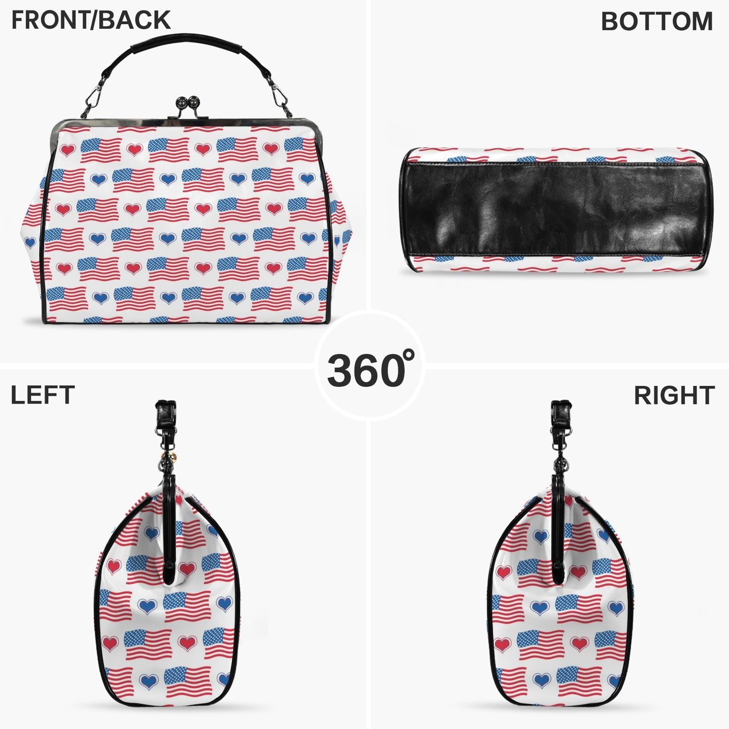 USA/American Flag Inspired Flag and Hearts Pattern Kisslock Crossbody Shoulder Bag-Large