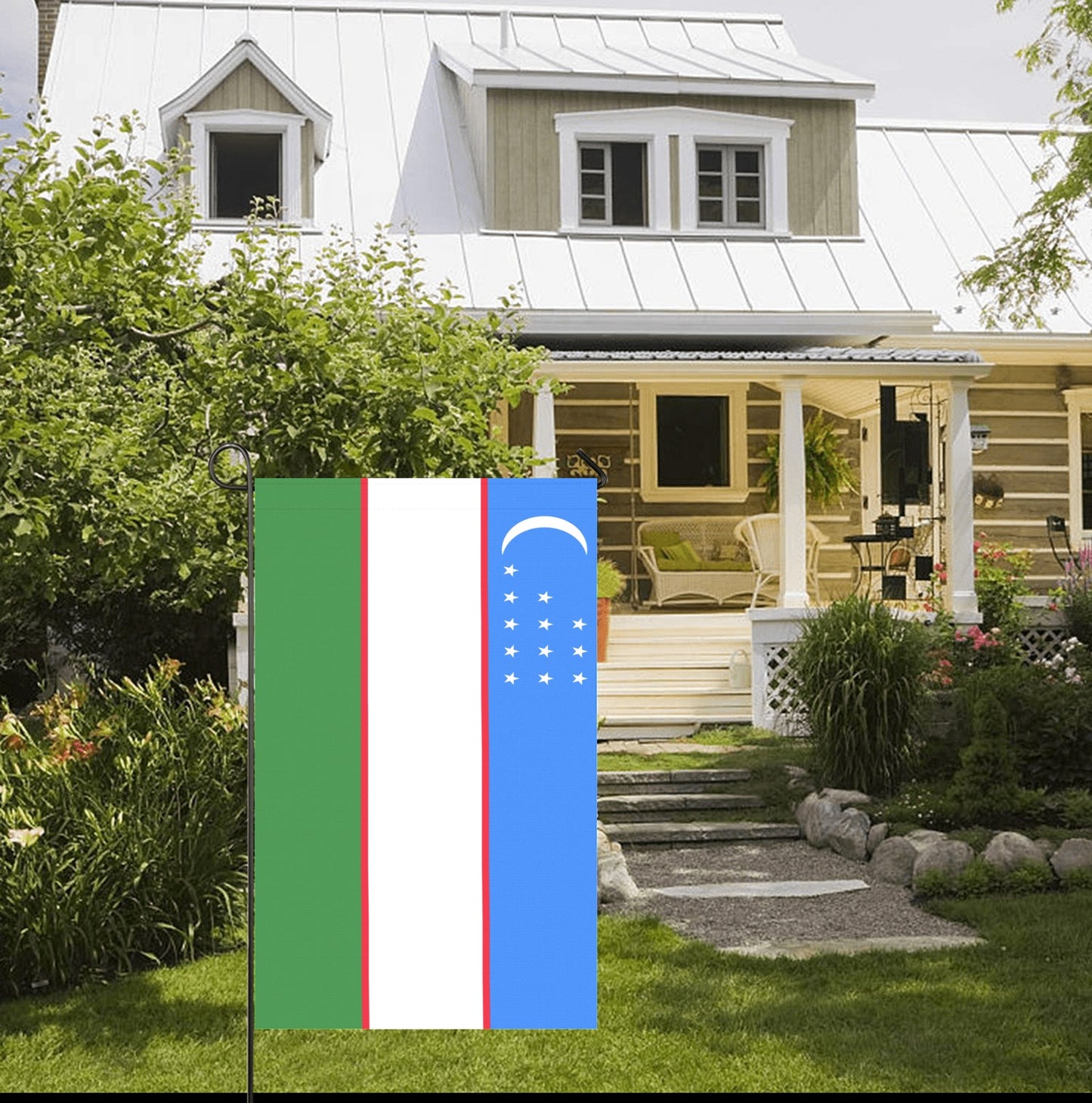 Uzbekistan flag by Luv My Flag, displayed in garden.