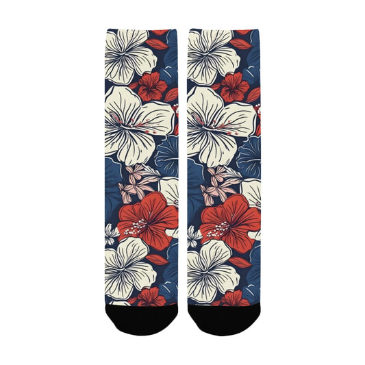 USA/American Flag Inspired Hawaiian Floral Pattern Women’s Custom Socks Made in the USA