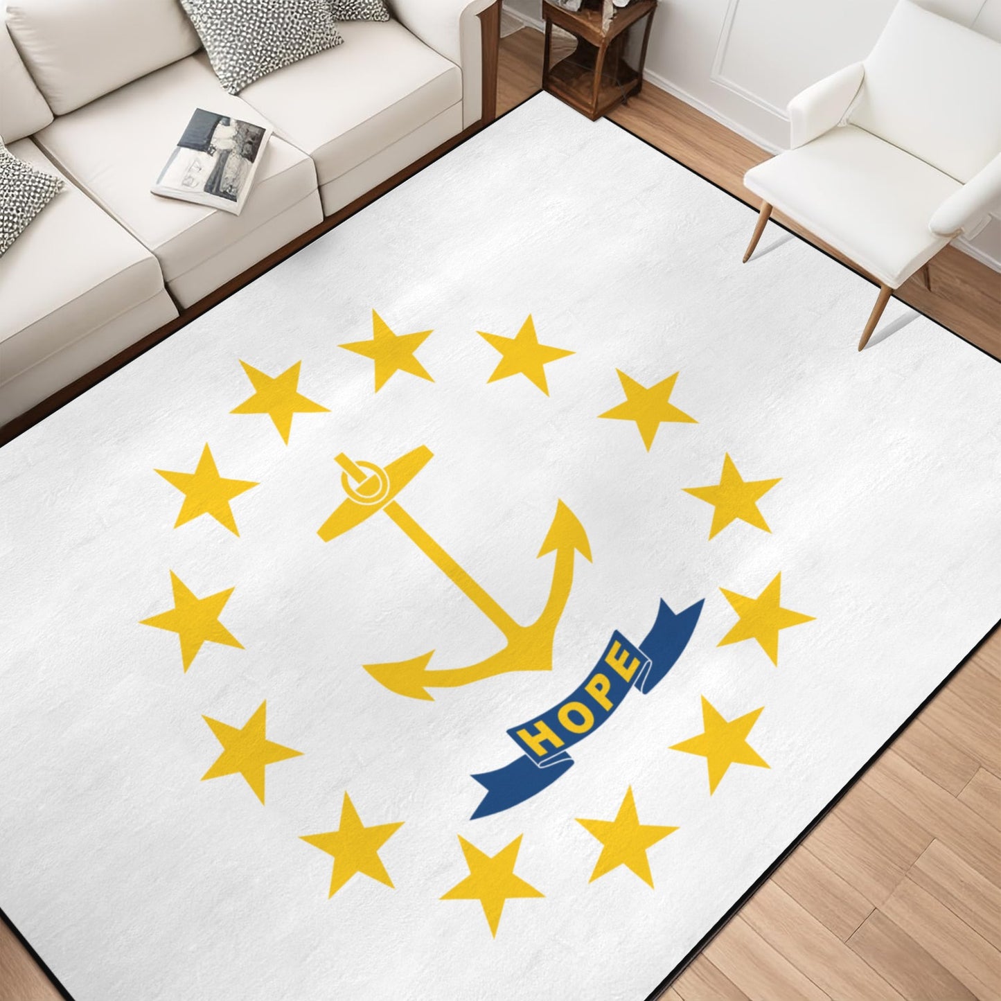 Rhode Island Flag Inspired 84x60 Inch Area Rug with Black Binding (Made in the USA)