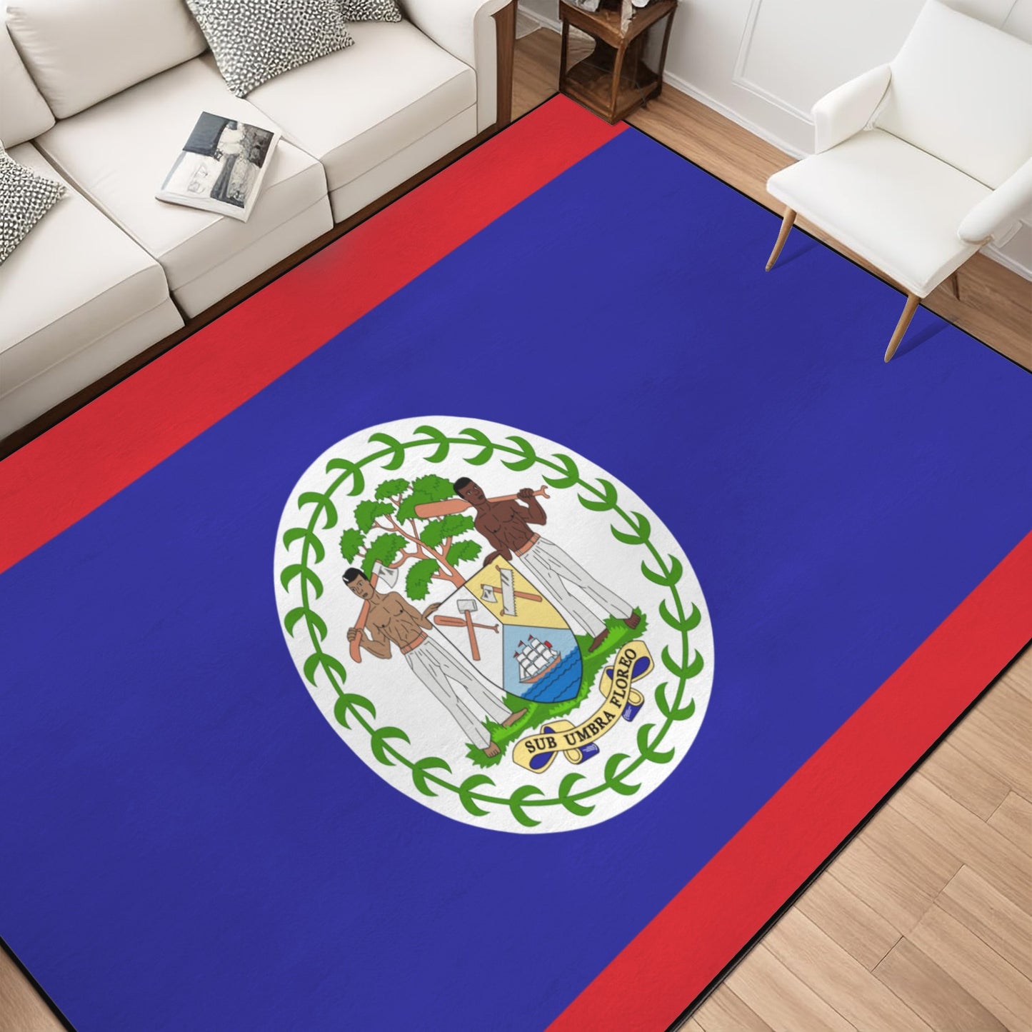 Belize Flag Inspired 84x60 Inch Area Rug with Black Binding (Made in the USA)