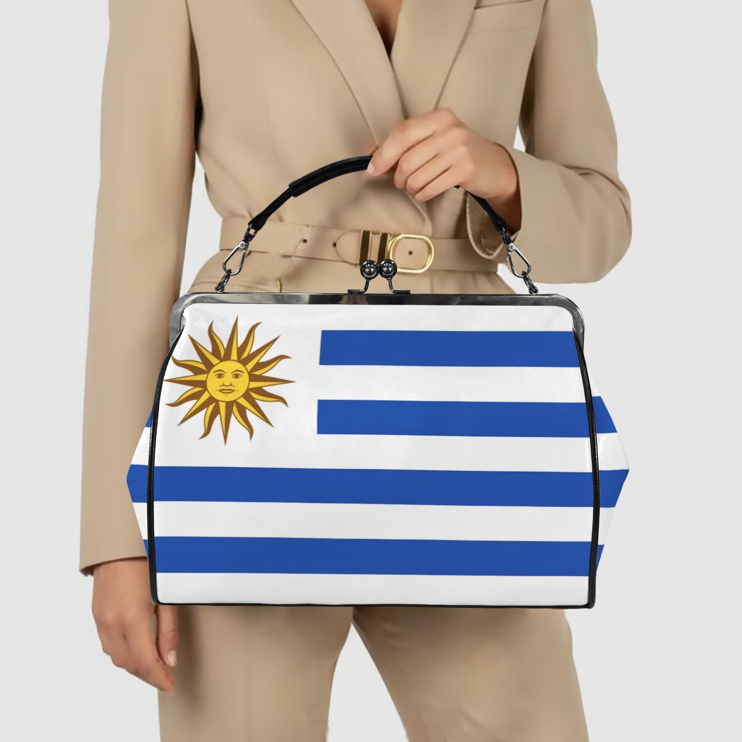 Uruguay Flag Inspired Kisslock Crossbody Shoulder Bag-Large