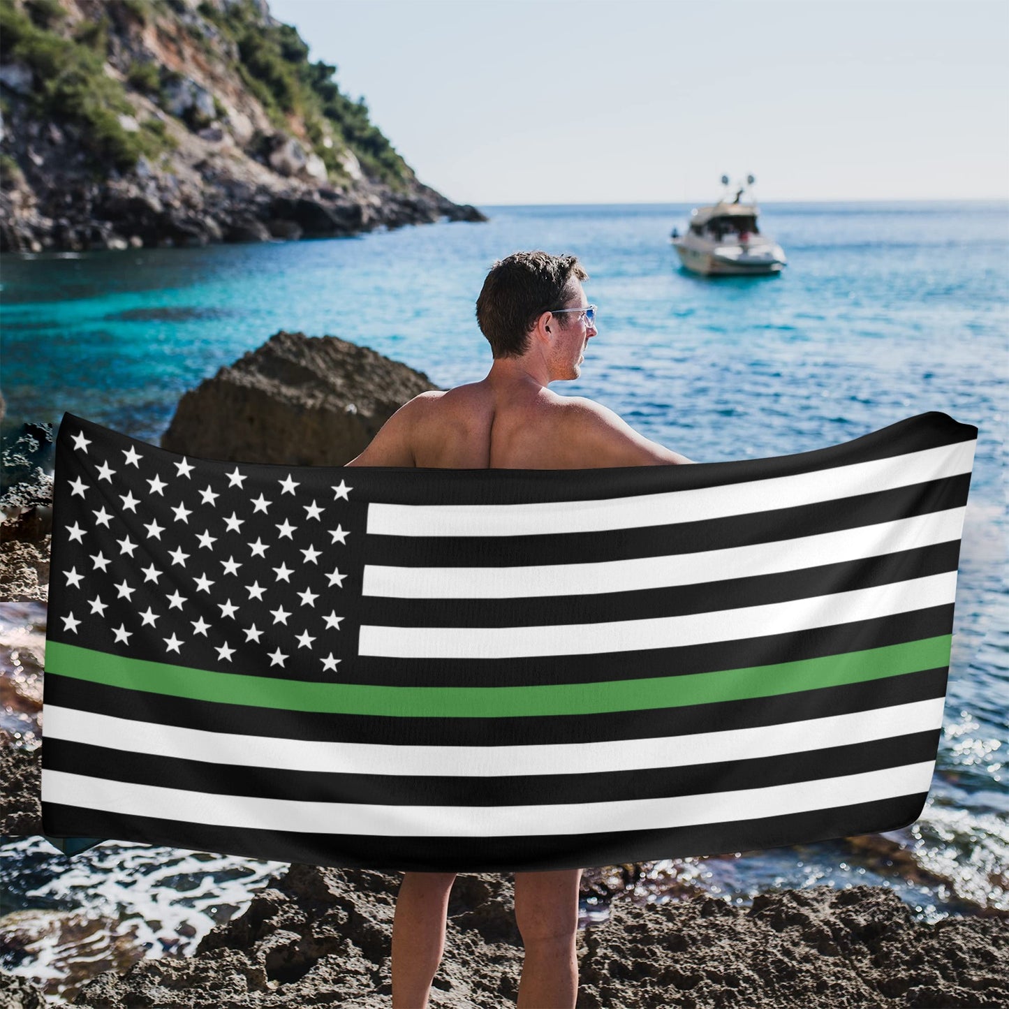 Thin Green Line Flag Beach Towel 31"x71" (Made in USA)