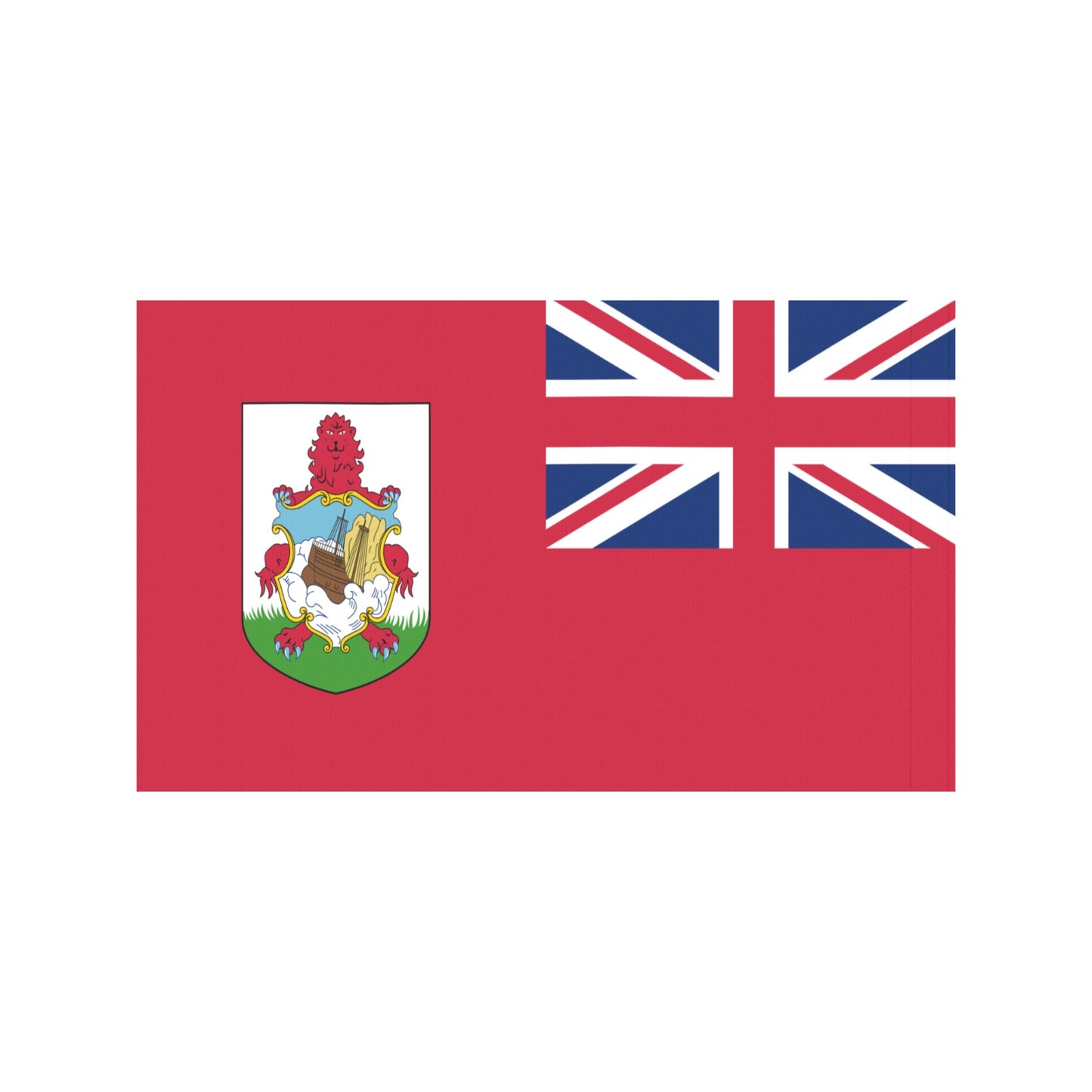 Red Bermuda flag featuring Union Jack and coat of arms.